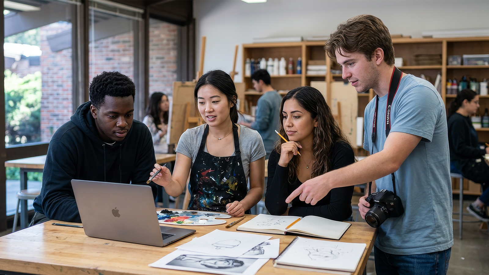 Students collaboratively reviewing famous artworks, discussing meaning, technique, and context.